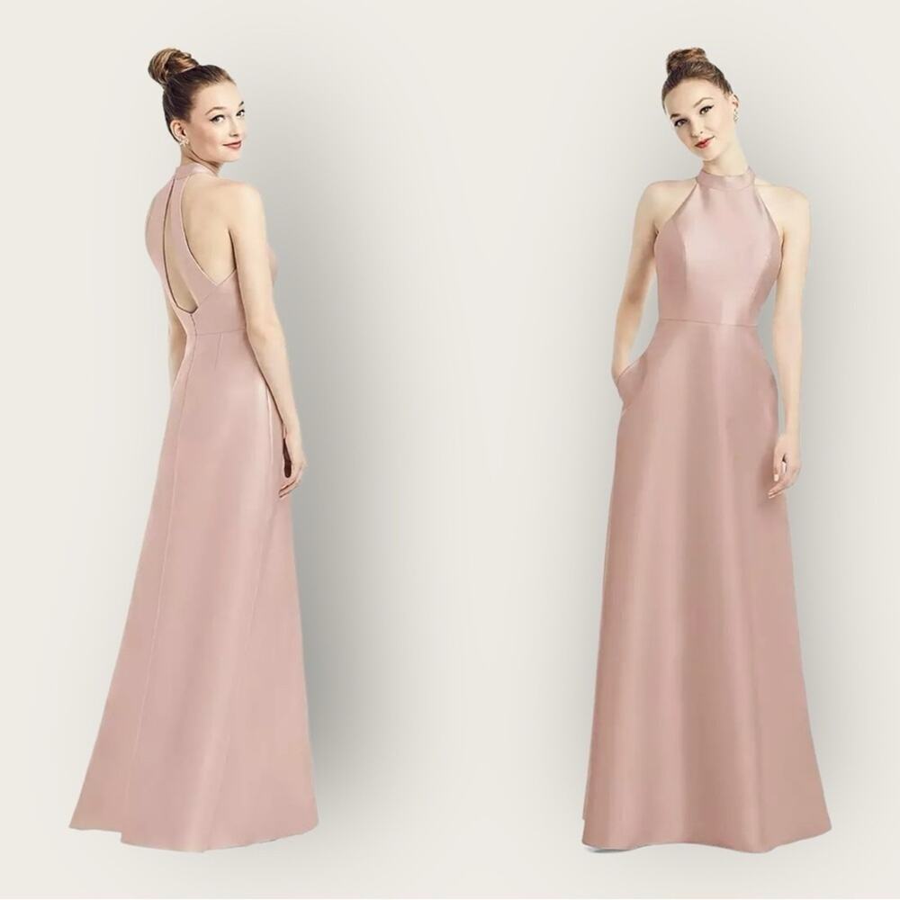 NWT | Alfred Sung | High-Neck Cutout Satin Dress | Toasted Sugar | 12R